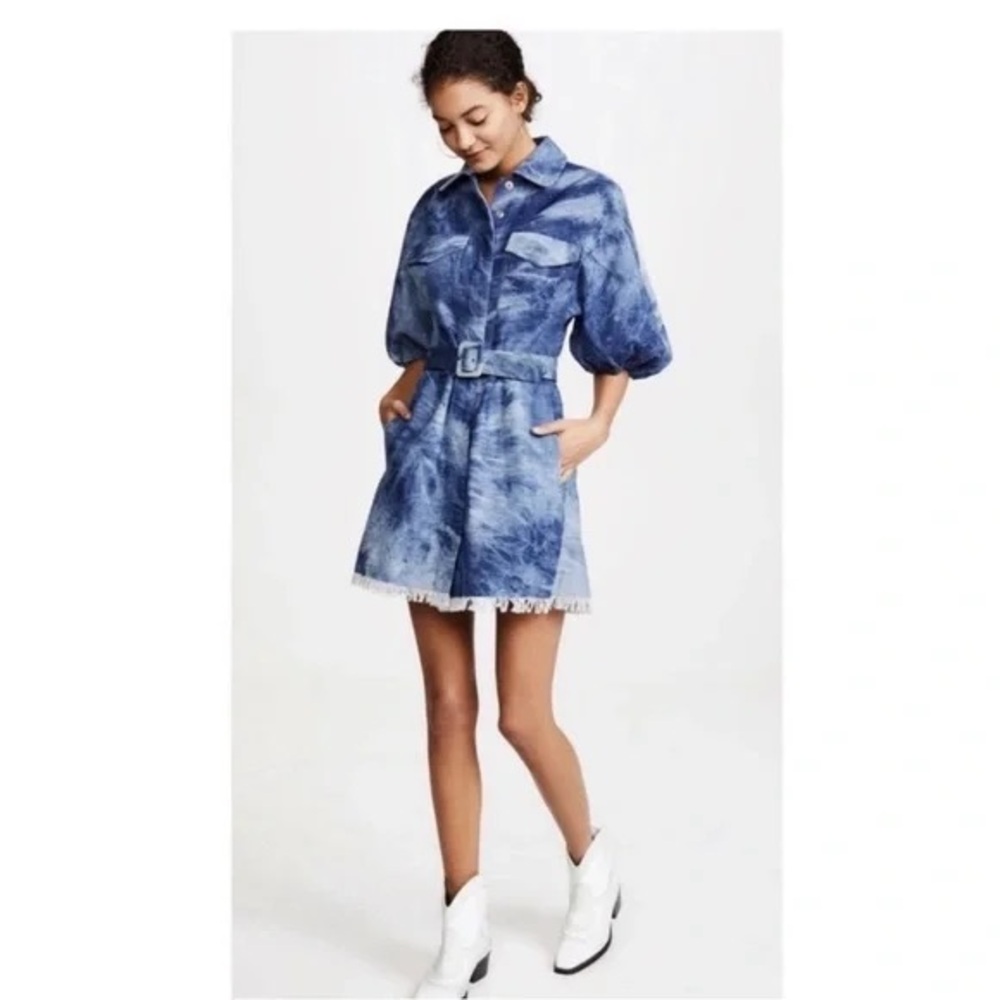 Divine Heritage Denim Tie Dye Dress Size XS Mini Fringe Hem Puff Sleeve Western